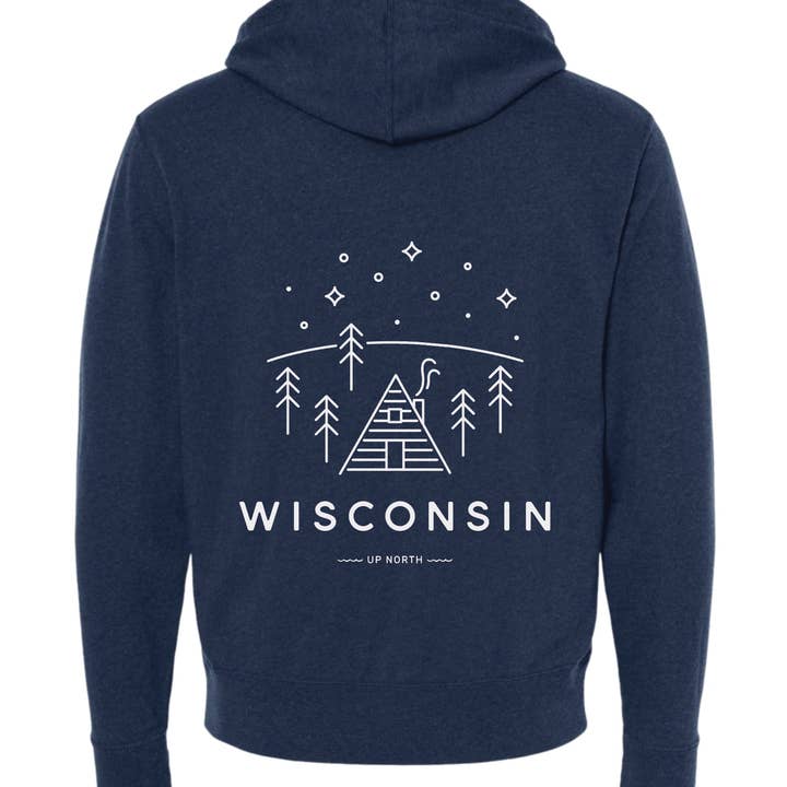 A-Frame Cabin Wisconsin Volledig Rits Unisex Hoodie. Marineblauw. voor wholesale door Up North Boutique