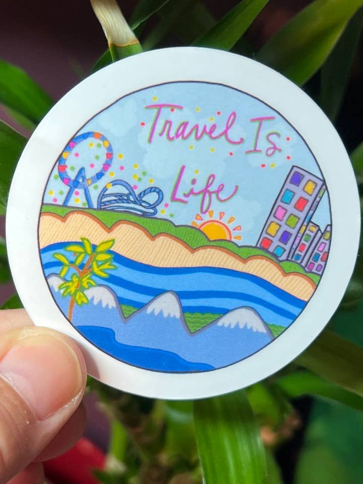 Travel is Life 2.5" Vinyl Sticker Laminated adventure Fan for wholesale by My Groovy Art Shop