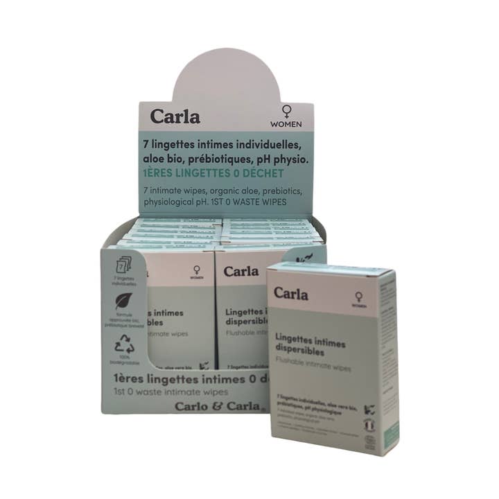 Carla - Expositor con 12 cajas de 7 toallitas íntimas individuales para venta al por mayor de Carlo & Carla