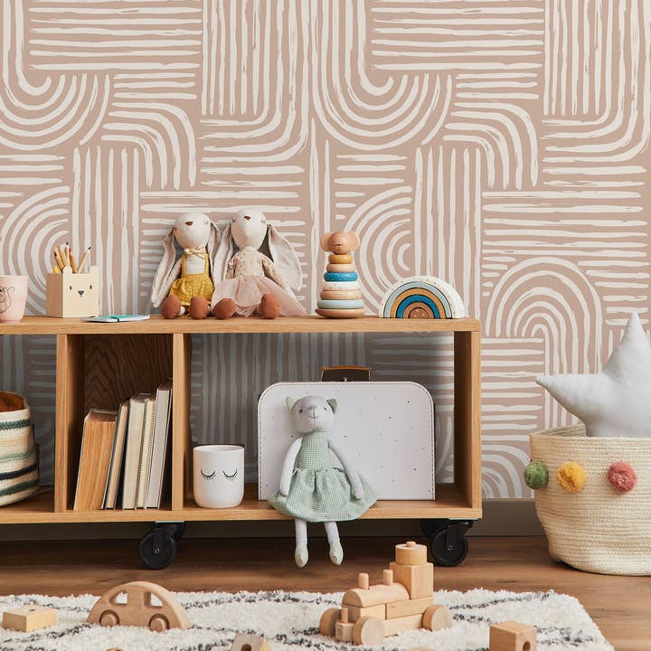 Boho Mid-Century Penseelstreek Behang, Pastel Minimalistische Muurschildering voor wholesale door SimurgWallArts