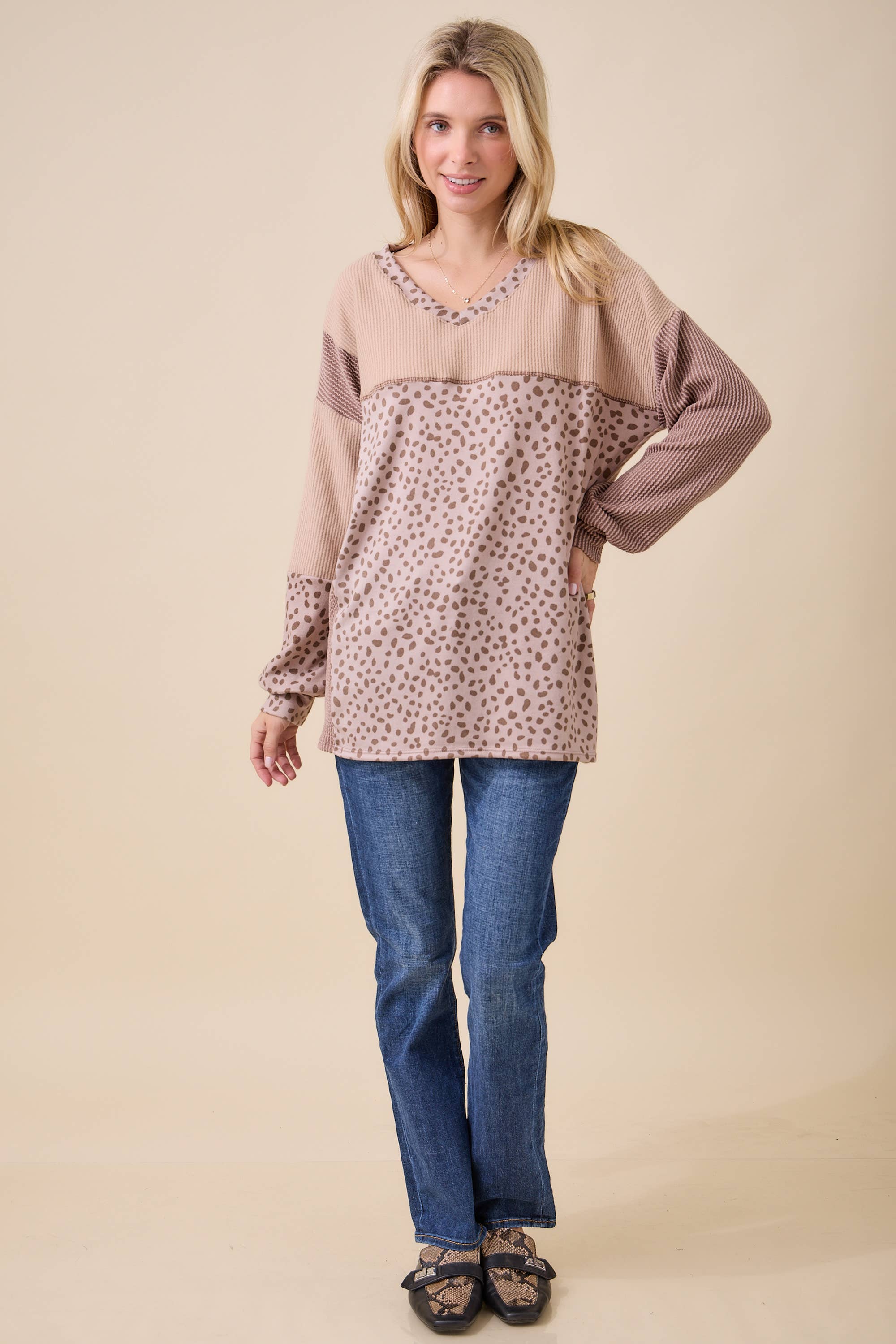 Celeste Clothing - Wholesale Knit Top - Women's - WOMEN'S RIB COLOR BLOCK ANIMAL PRINT LONG SLEEVE TOP48