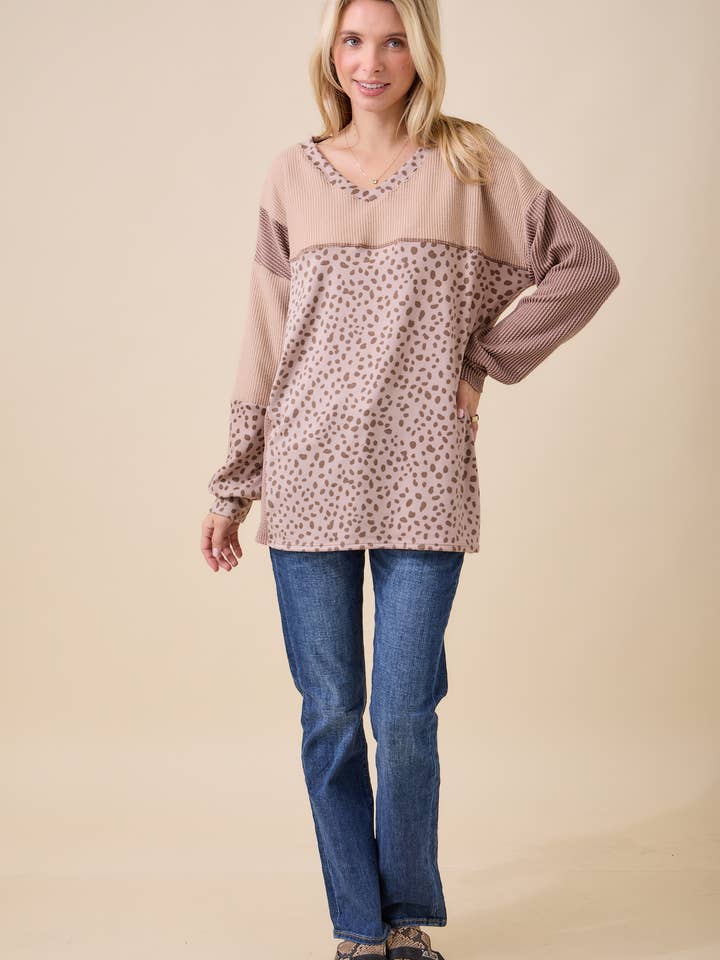 Celeste Clothing - Wholesale Knit Top - Women's - WOMEN'S RIB COLOR BLOCK ANIMAL PRINT LONG SLEEVE TOP48
