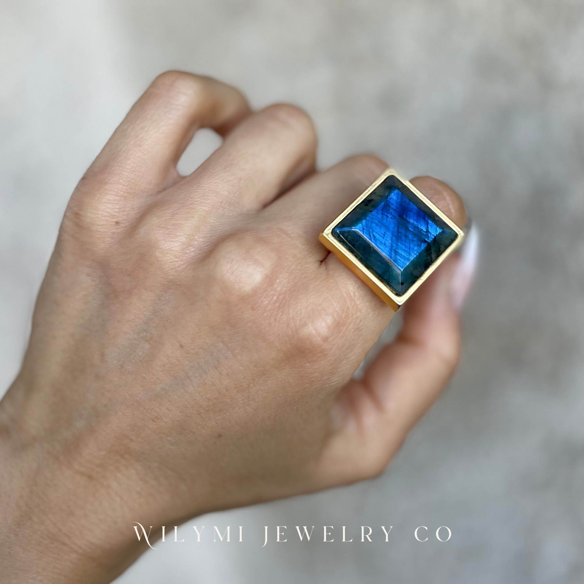 WILYMI Jewelry Co - Wholesale Cocktail/Statement Ring - PRESENCE Labradorite 20mm Square Cut | 24k GF | Adjustable2