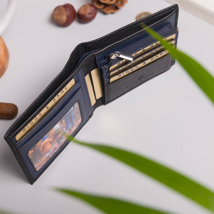Redbrick - Wholesale Wallet - Men's - Biggs & Bane Men's Bifold Black & Navy Leather Wallet With Large Zip Coin Pocket