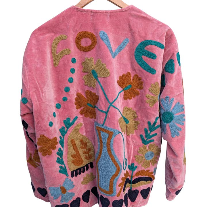 Chaqueta Boho Bordada Kimono Suzani de Terciopelo Rosa Amor. para venta al por mayor de Twinflower