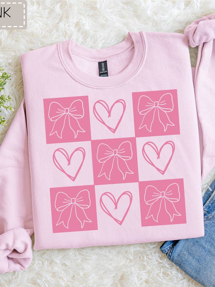 Checkered Heart And Bow Sweatshirt. for wholesale by Thomas & Co Wholesale
