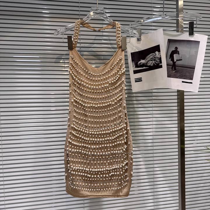 Khaki DR899 Winter Plush Cape and Pearl-Trim Bodycon Dress Set for wholesale on Faire4