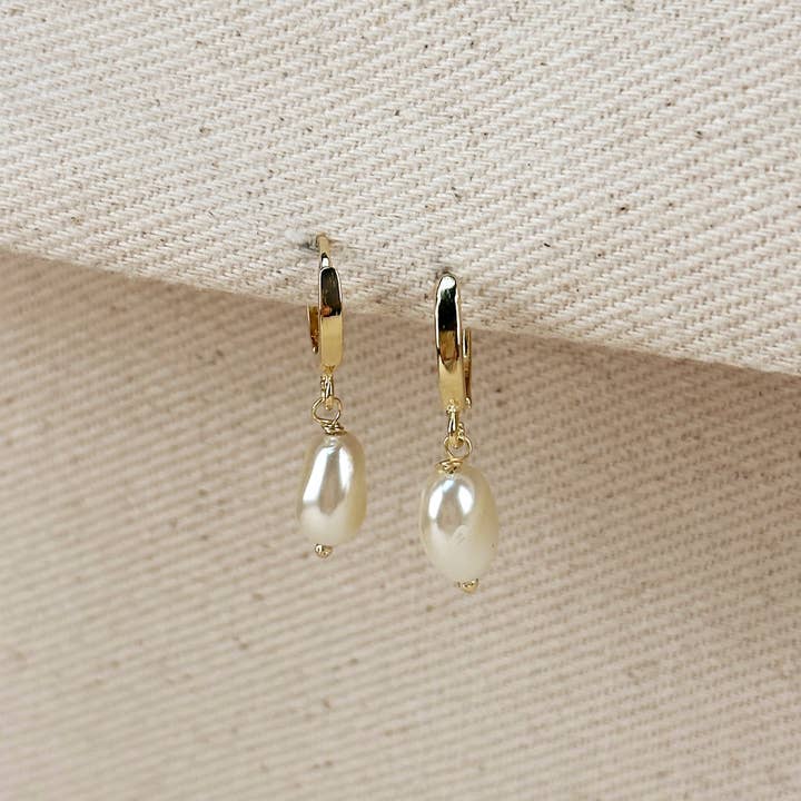 GoldFi - Wholesale Huggie Earrings - 18k Gold Filled Drop Baroque Pearl Hoop Earrings