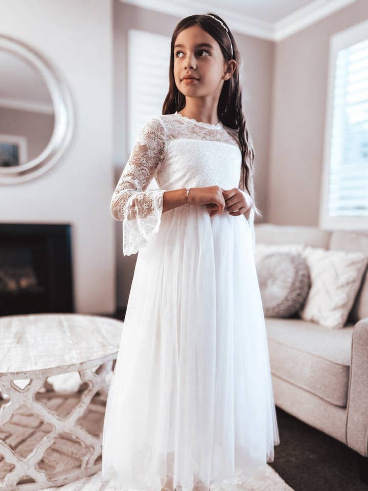 A Little Lacey - Wholesale Dress - Kids - Melody Long Sleeve Girls White Dress