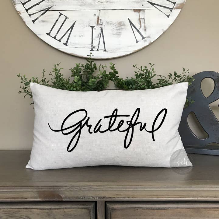 Hand Lettered Grateful Lumbar Pillow Cover | Decorative Pi for wholesale by Stone River Home Co