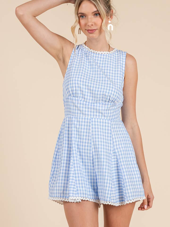 BABY PINK - Wholesale Romper - Women's - Gingham printed romper with lace trim detail