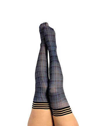 Calcetería: medias hasta el muslo a cuadros azules semiopacas de Debbie para venta al por mayor de Kix'ies