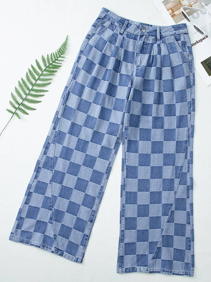 Hope & Sunshine – Großhandel Jeans – Damen – Karierte Weitbein-Jeans aus Denim