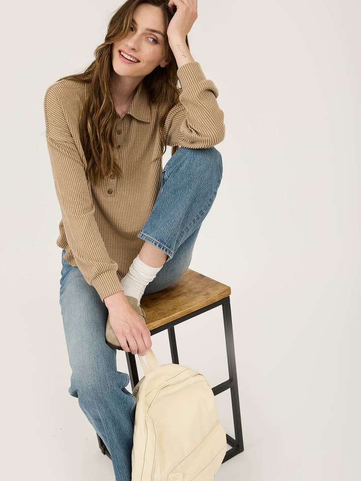 Blu Pepper - Wholesale Knit Top - Women's - PINSTRIPE COLLARED HALF BUTTON KNIT TOP10