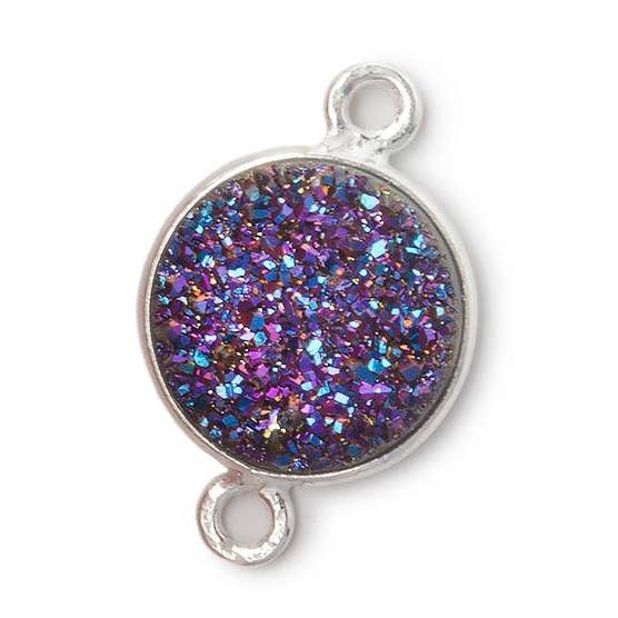 11mm Silver .925 Bezel Mystic Peacock Drusy Drusy Coin Connector 1 piece for wholesale by Beads of Cambay