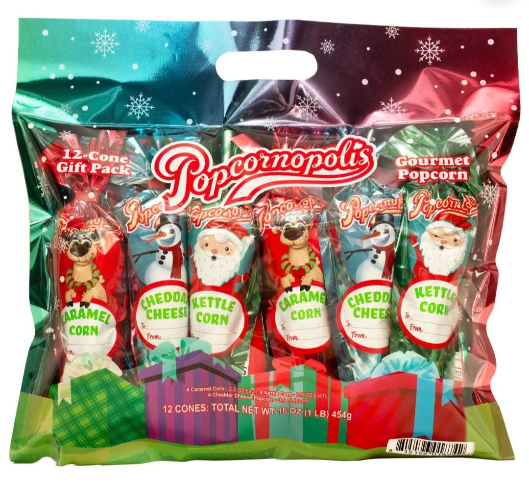 Majestic Wholesale - Wholesale Popcorn - Popcornopolis Popcorn Cone Holiday Gift Pack – 12ct