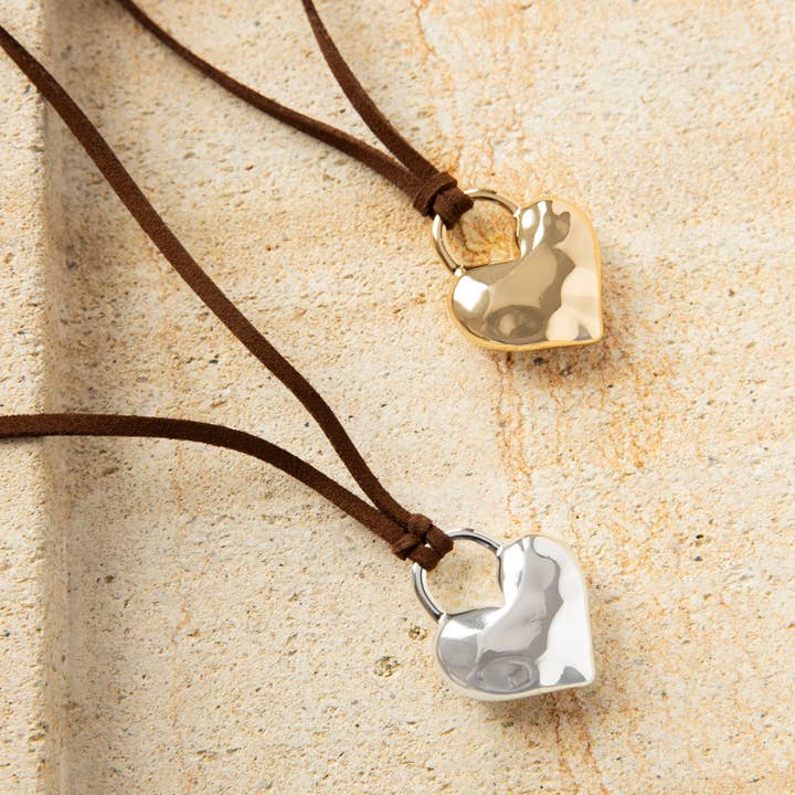 textured puffy heart suede adjustable necklace for wholesale by Marlyn Schiff