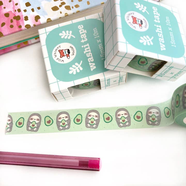 Avocado Sloth Washi Tape. Sloth Stationery. Cute Bujo Tape for wholesale by Wild Whimsy Woolies