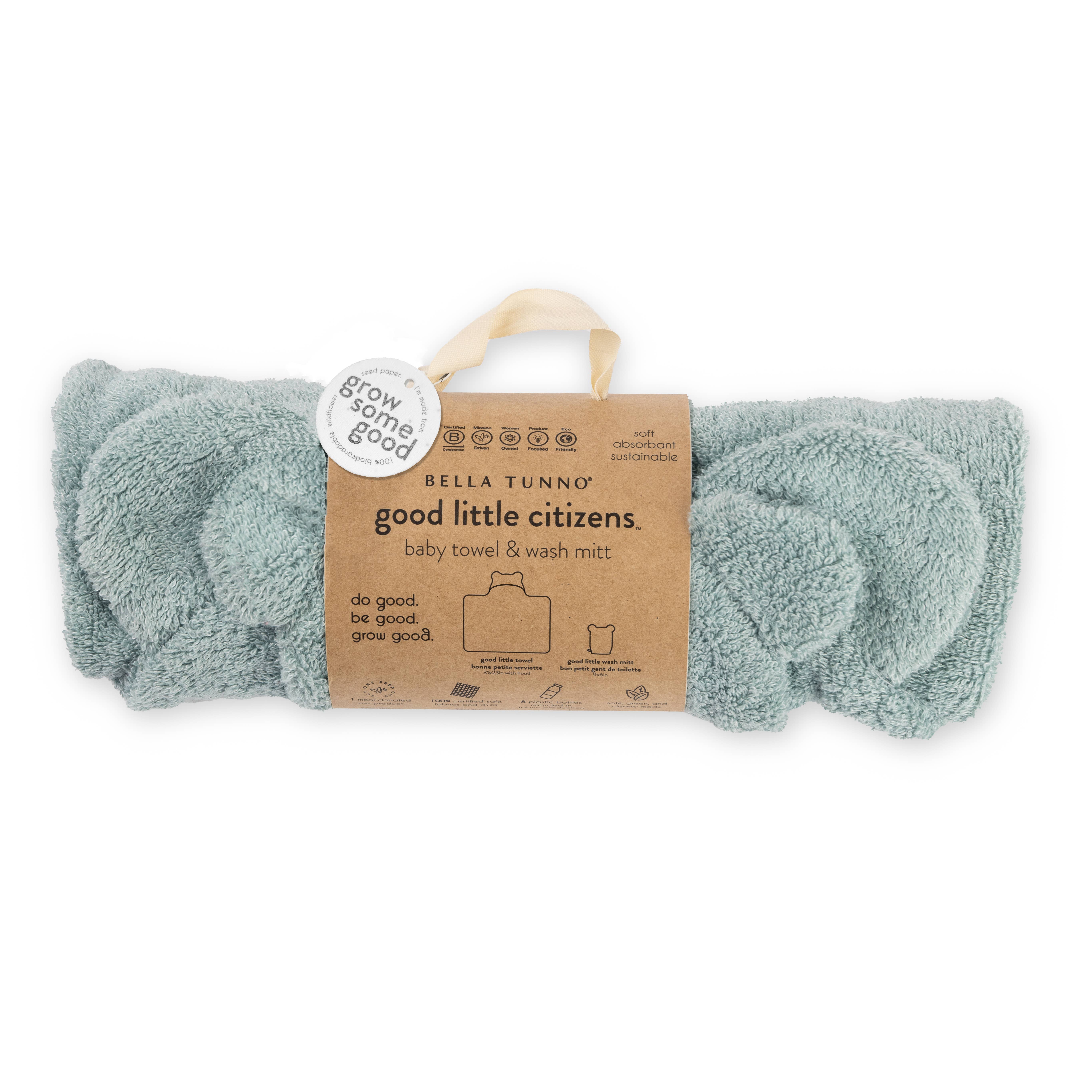 Green Hooded Towel + Wash Mitt Set Sea Foam for wholesale on Faire9