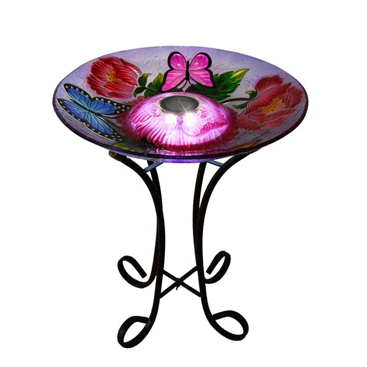 Hi-Line Gift Ltd. - Wholesale Bird Bath - Solar Led Floral Glass Bird Bath - Butterflies & Peonies