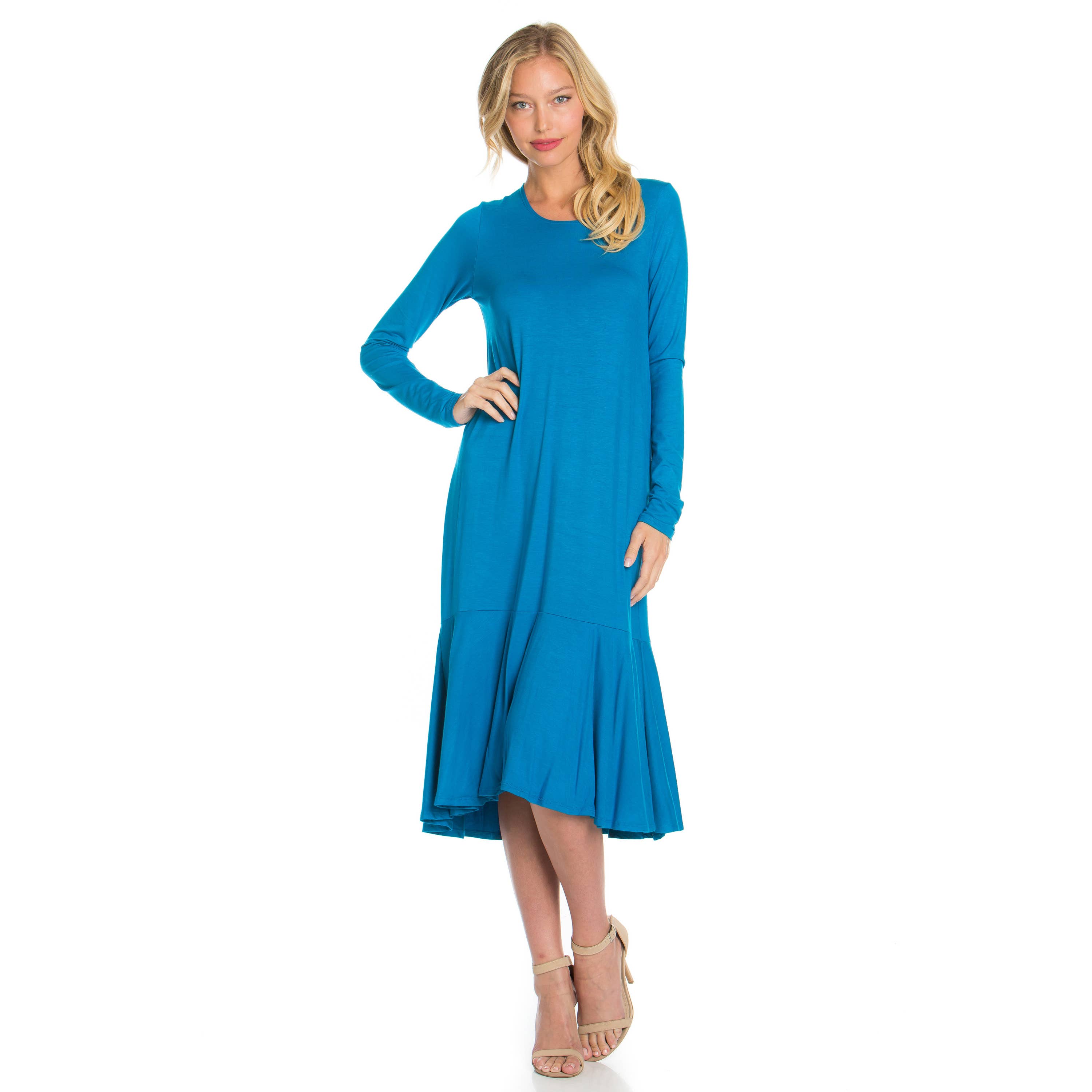 Azules Clothing - Wholesale Dress - Women's - ADM-8258RS Ruffle Hem Long Sleeve Midi Dress30