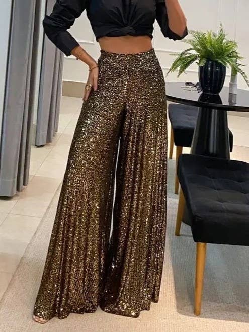 Rosa Clothing - Wholesale Pants - Women's - High-Rise Shiny Party Sequin Wide-Leg Pants