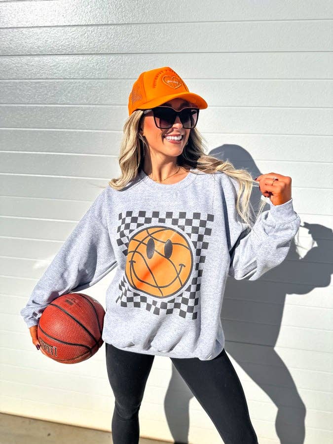Checkered Basketball Smiley Sport Gray Graphic Crewneck for wholesale by birdie