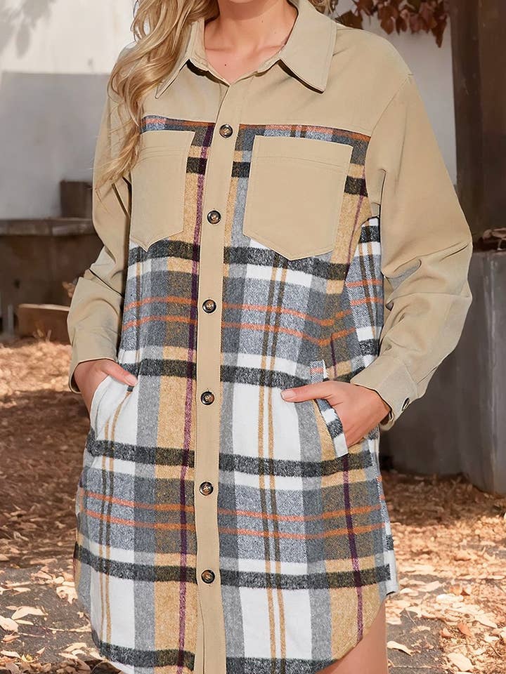 Plaid Button Down Long Sleeve Mini Shirt Dress (S-2XL) for wholesale by 66DISCO