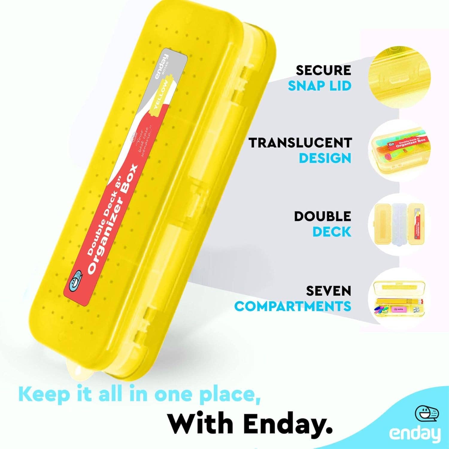 enday - Wholesale Pencil Case/Pouch - Pencil Case 8" Bright Color Double Deck Organizer Box0