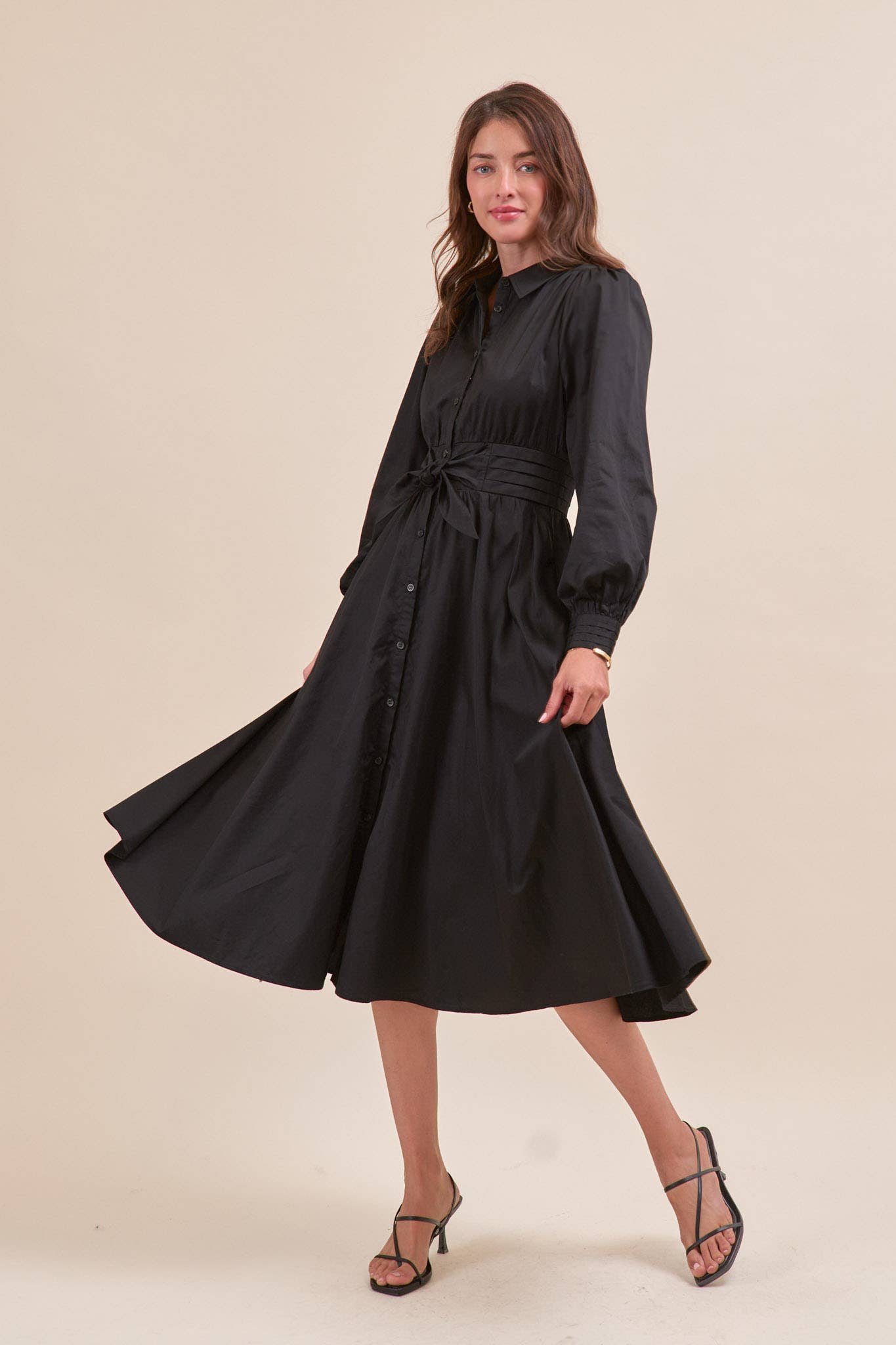 &MERCI - Wholesale Dress - Women's - PINTUCK WAIST TIE FRONT MIDI DRESS MDR421921