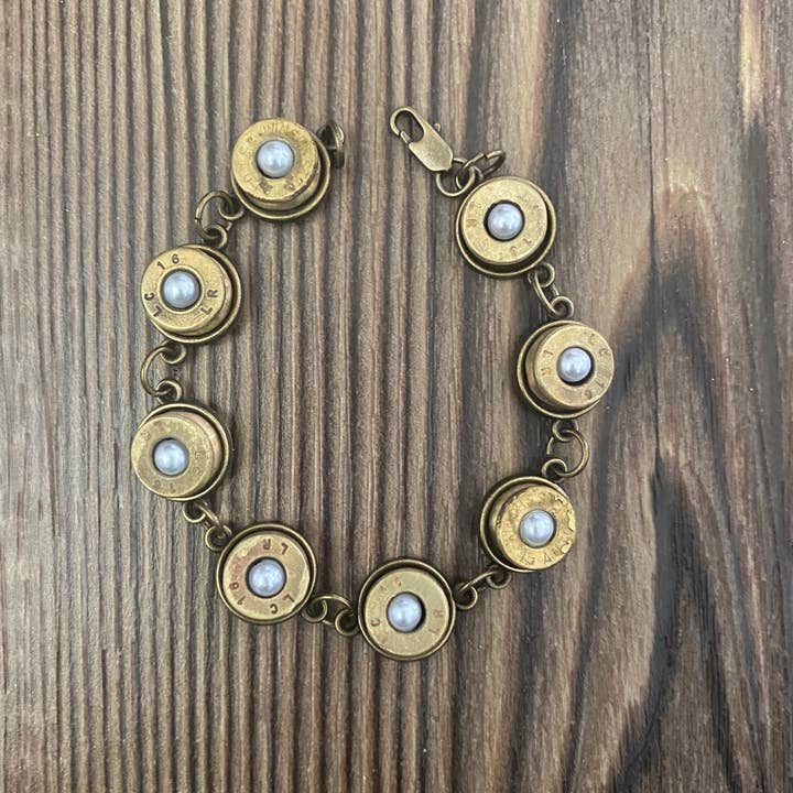 Rustic Brass 45 Bracelet with Pearl for wholesale by Freedom Design Co.