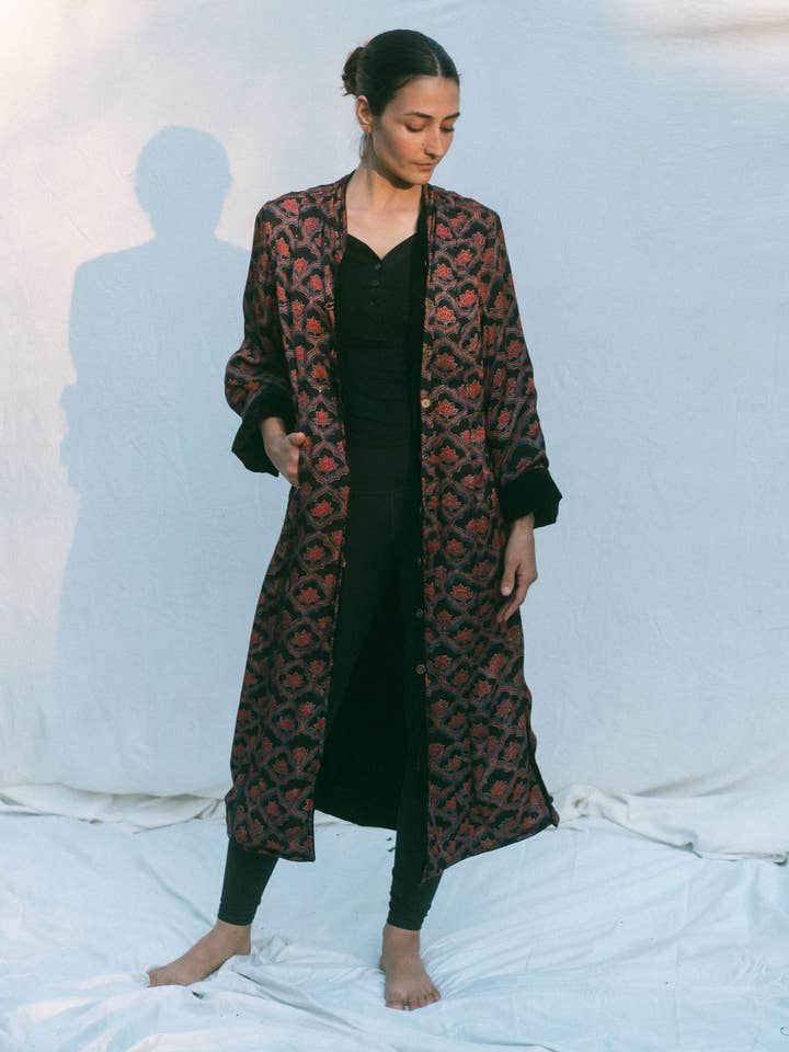 Modal Silk, Satin and Velvet Reversible Coat ~ Red Lotus for wholesale by Devi Shop