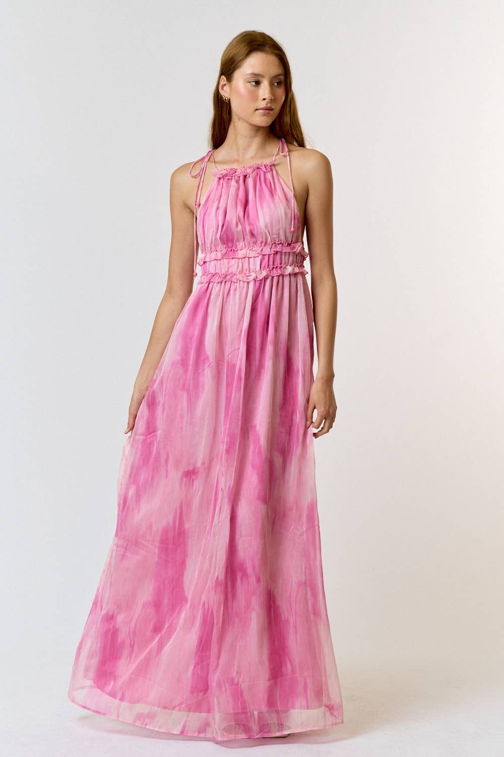 Pink ILD3864 Halter Tie Dye Print Ruffled Maxi Dress for wholesale on Faire1
