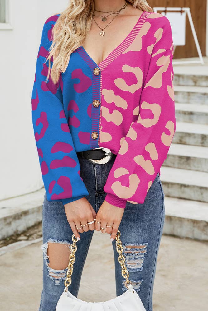 UNISHE - Wholesale Cardigan - Women's - V Neck Button Leopard Colorblock Cardigan MD0073