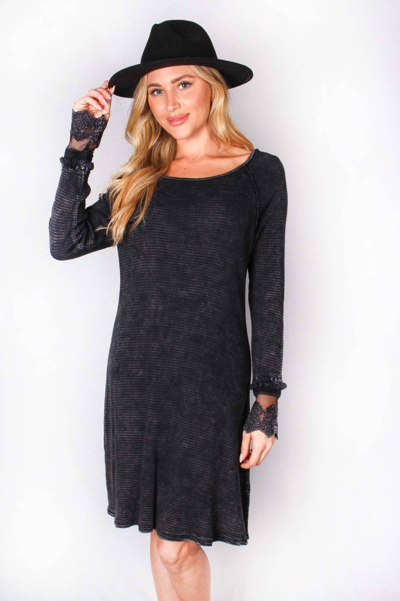 Good Stuff Apparel - Wholesale Dress - Women's - Women's Long Sleeve Round Neck Lace Detail Waffle Dress1