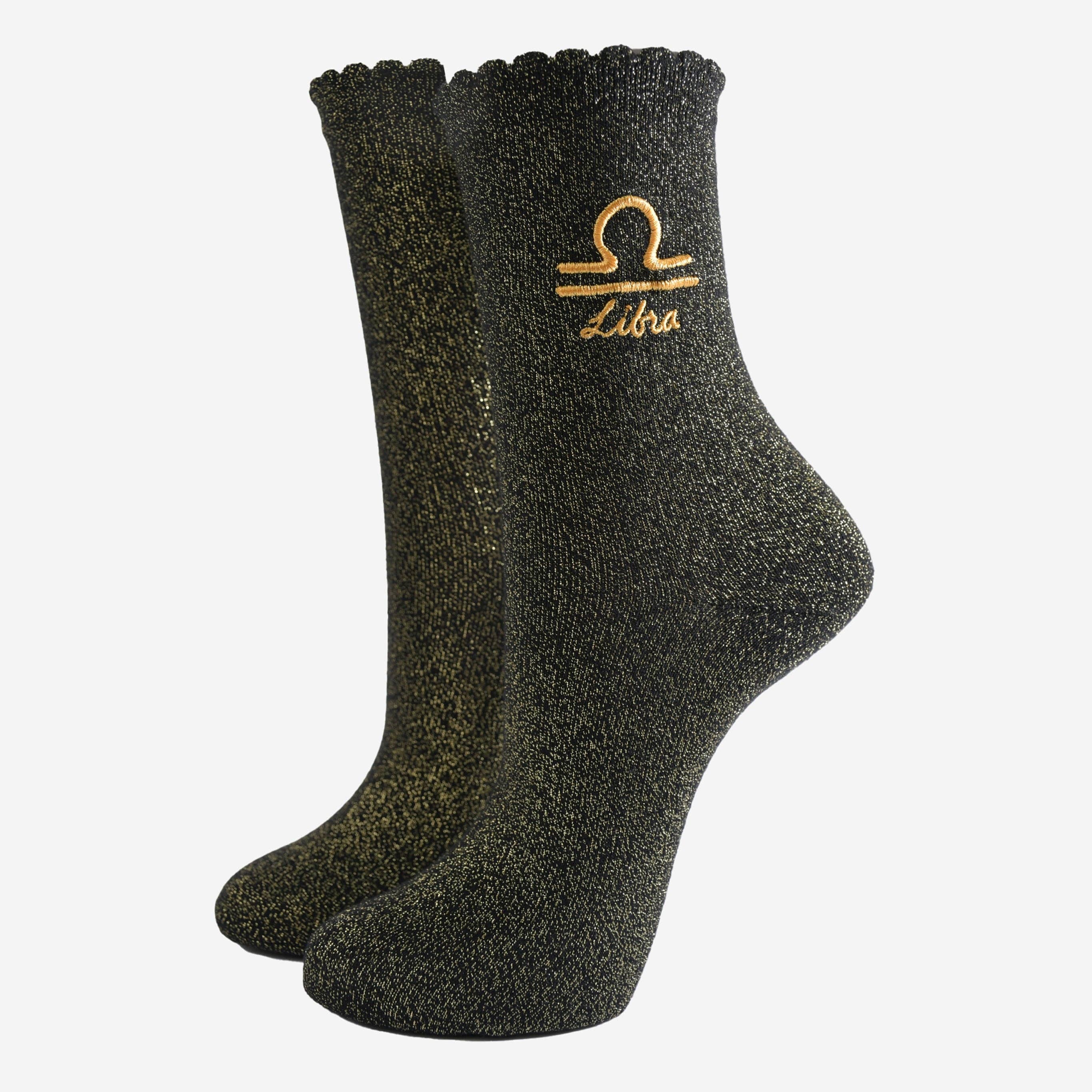 Sock Talk – wholesale Socks – Women's – Women's Glitter Socks - Black/Gold, Zodiac Libra0