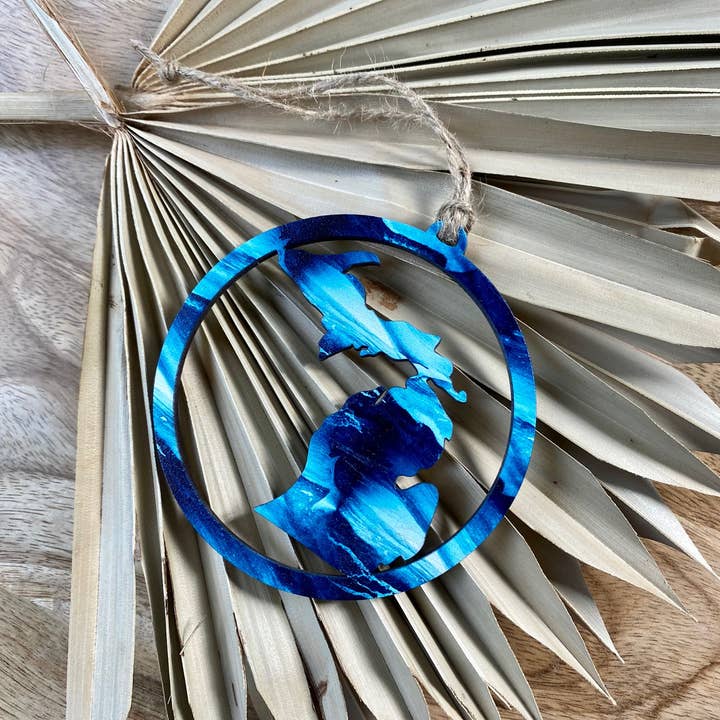 Feather and Birch - Wholesale Ornament - Michigan Blue Water Waves Round Wood Ornament1