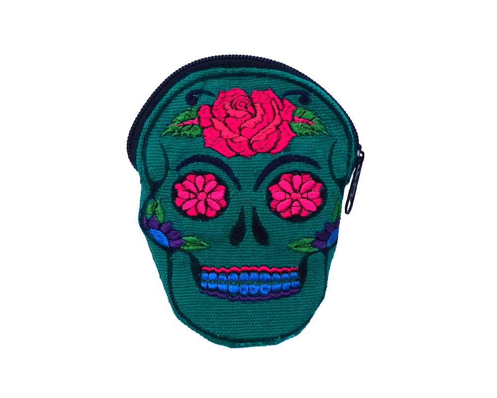 Pichincha - Wholesale Coin Purse - Women's - Sugar Skull Face Embroidered Floral Suede Coin Purse Pouch3