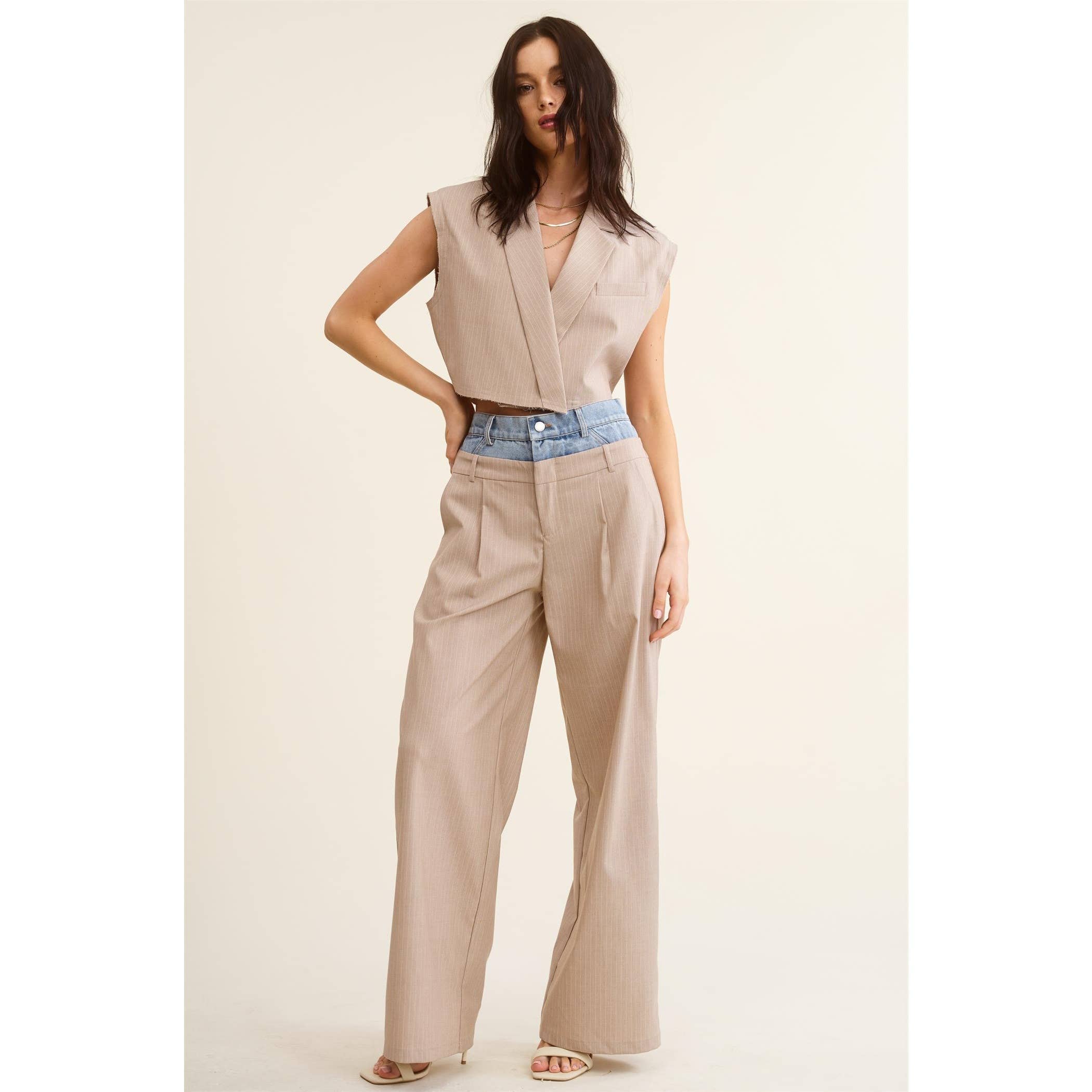 BEIGE Denim Waistband Contrast Stripe Wide Leg Trousers MB5057  for wholesale on Faire17