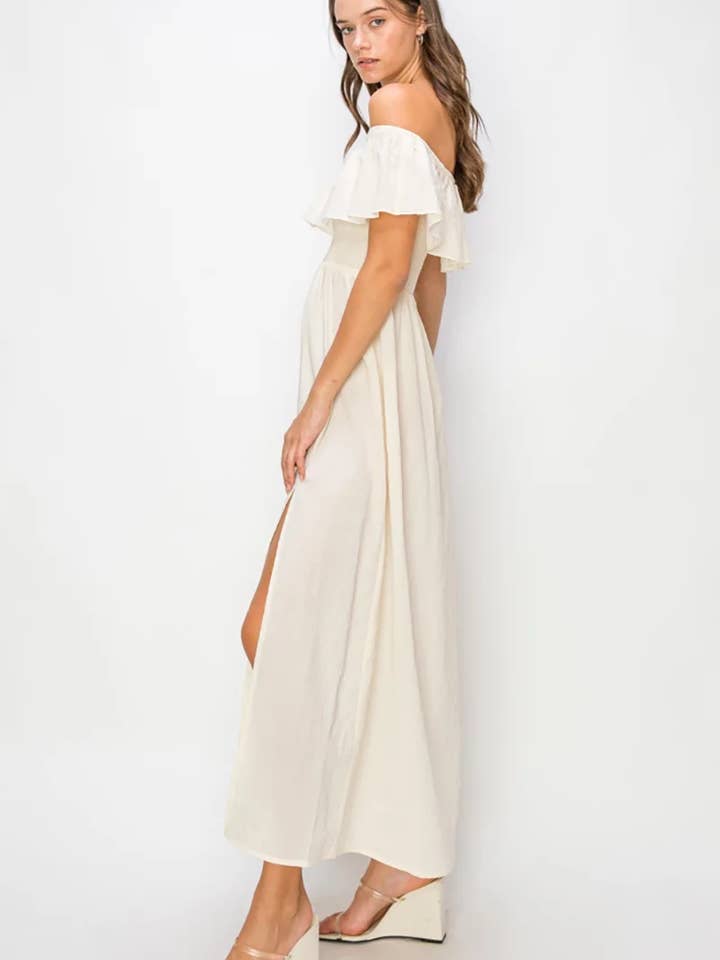 Cream Ruffle Tiered Off Shoulder Side Slit Smocked Midi Dress for wholesale on Faire2