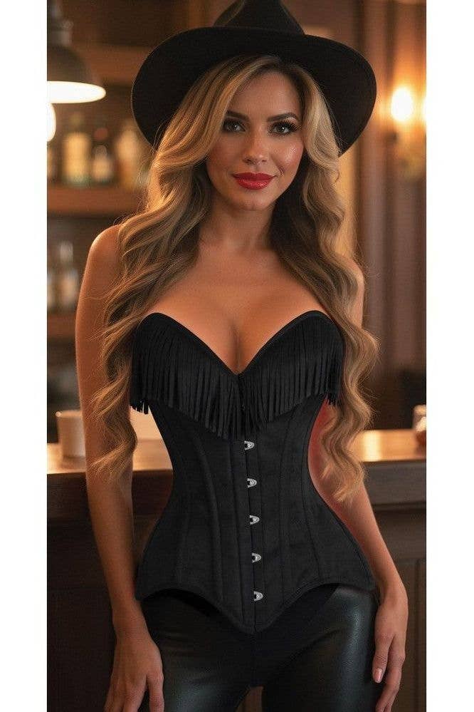 Daisy Corsets - Wholesale Corset - Women's - Top Drawer Black Suede Steel Boned Overbust Corset w/Fringe2