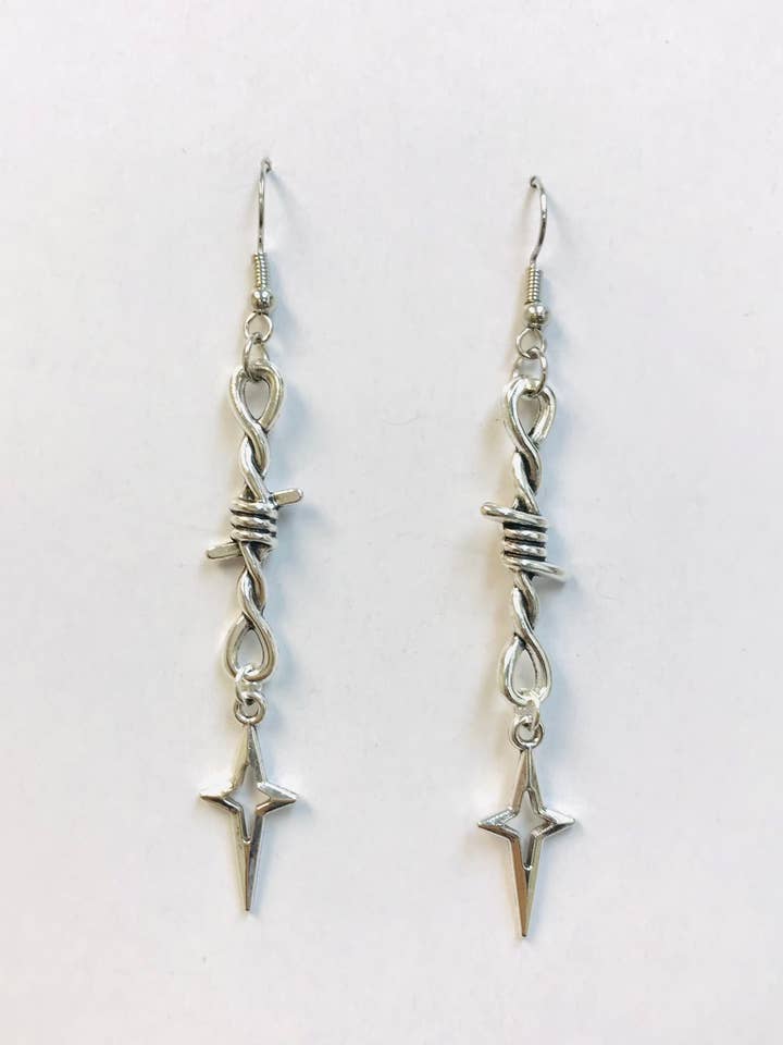 Silver Long Dangle Barbwire Norther Star Earrings for wholesale by SimpleNGreat