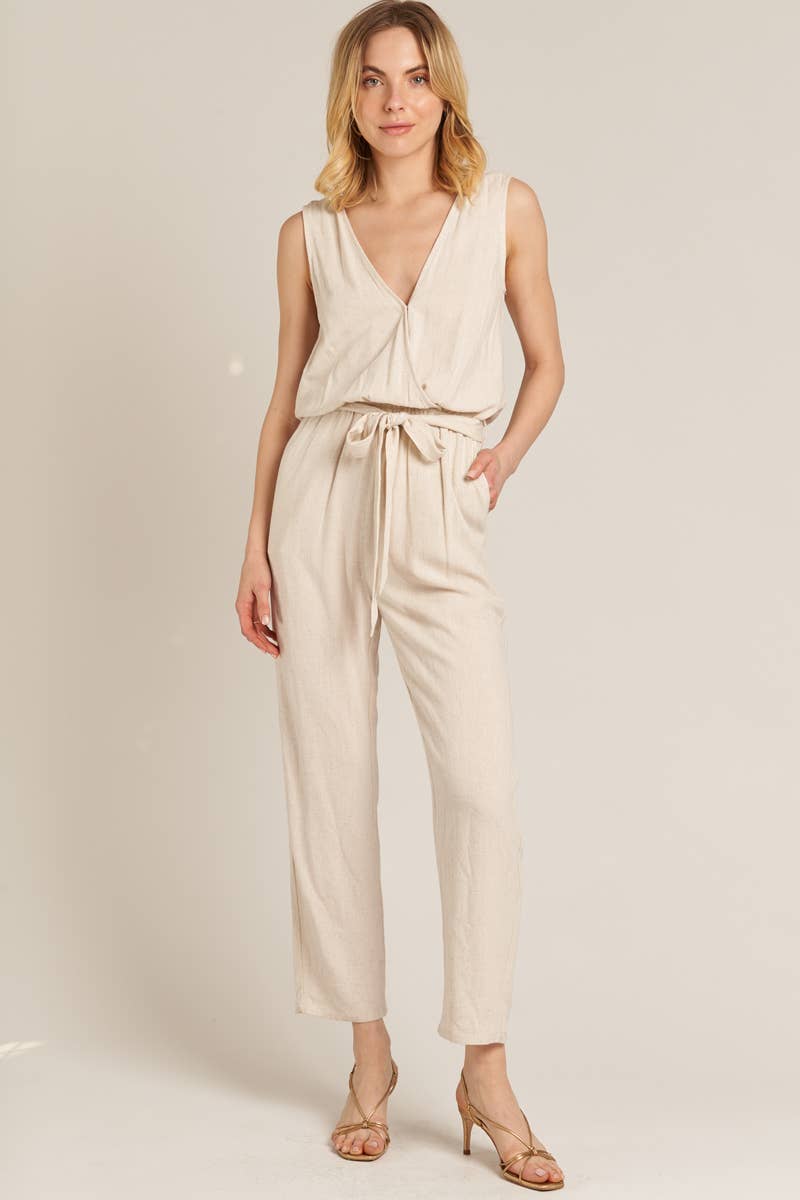 Natural Sleeveless Jumpsuit with Belt for wholesale on Faire