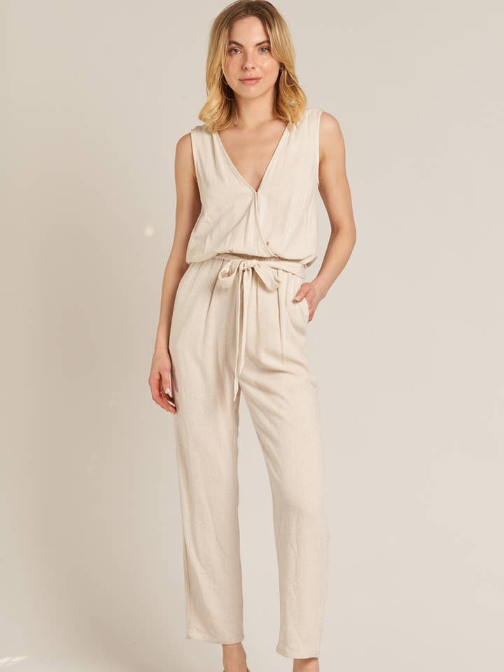 Natural Sleeveless Jumpsuit with Belt for wholesale on Faire