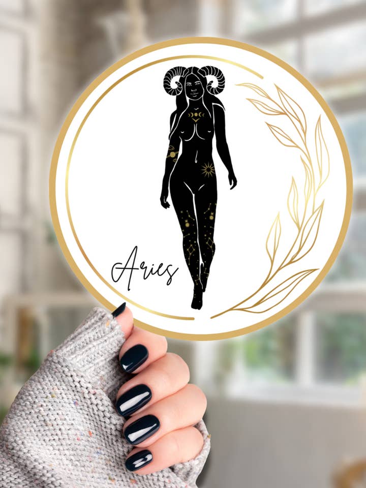 Pegatina de vinilo de astrología Aries Gold Leaf Zodiac Girl 3 x 3 para venta al por mayor de Crow's Tourmaline