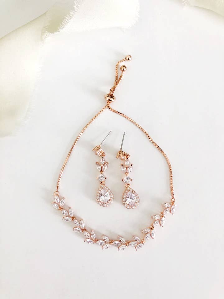 Lainee Rose Gold Diamond Earrings and Bracelet Set for wholesale by Belle Box Boutique