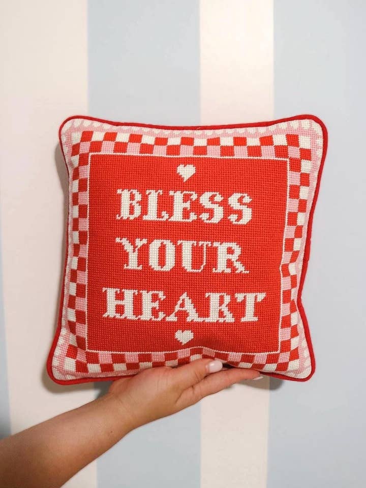 Red and Pink Bless Your Heart Needlepoint Pillow for wholesale by Southern Decorative