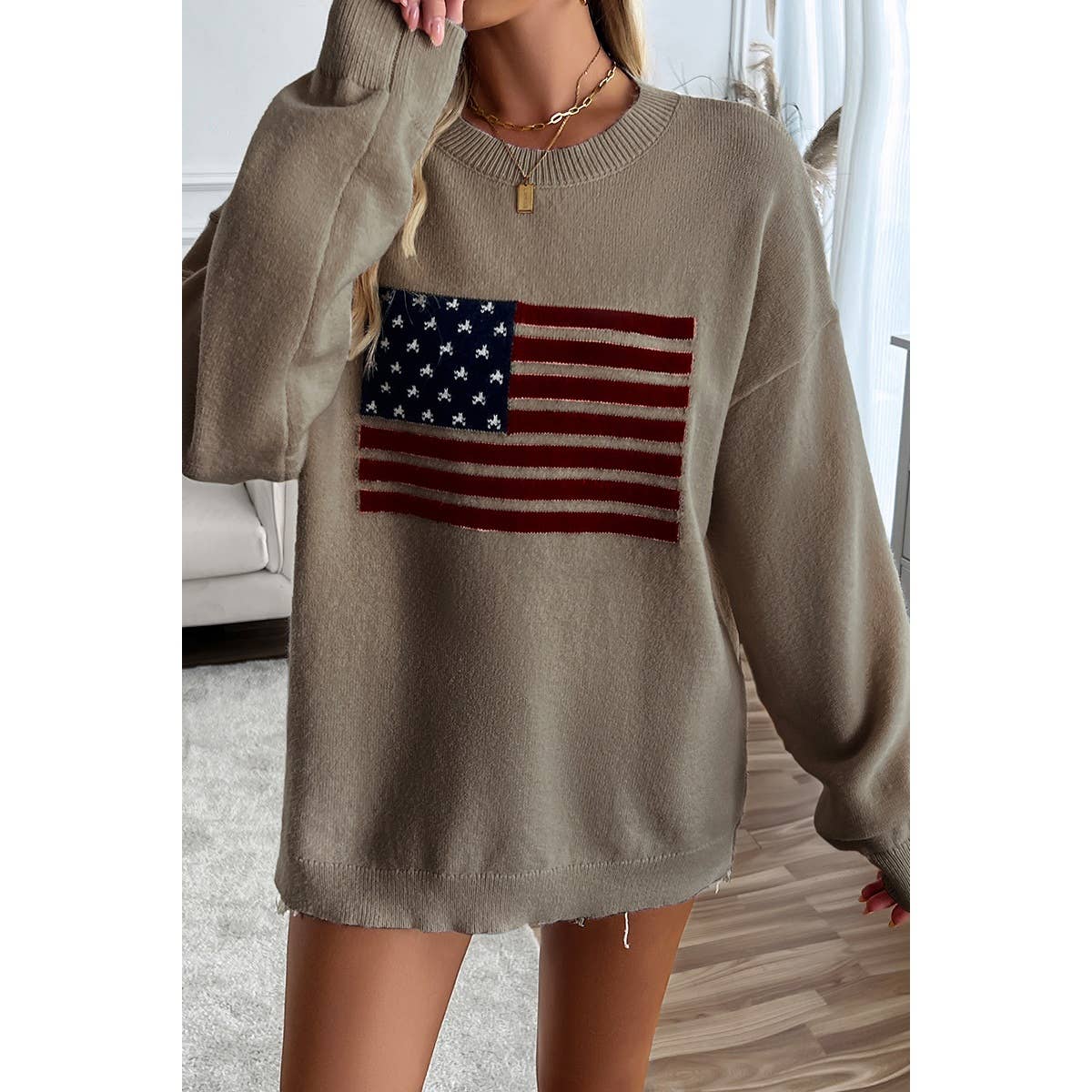 Supreme Fashion – wholesale Knitted jumper – Women′s – Knit Round Neck Flag Print Loose Fit Sweater18
