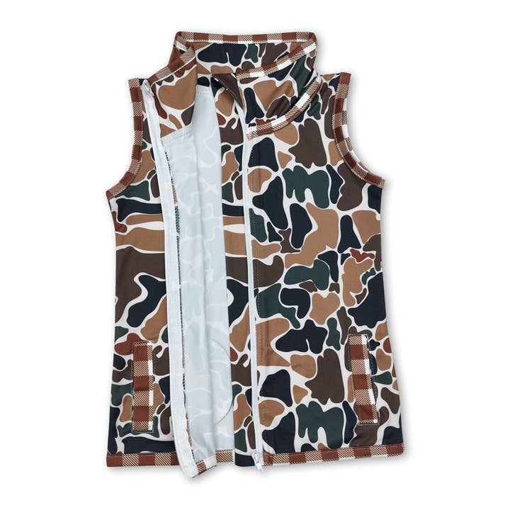 Yawoo Garments - Wholesale Outerwear Vest - Kids - Sleeveless camo pockets baby boy hunting zip vest1