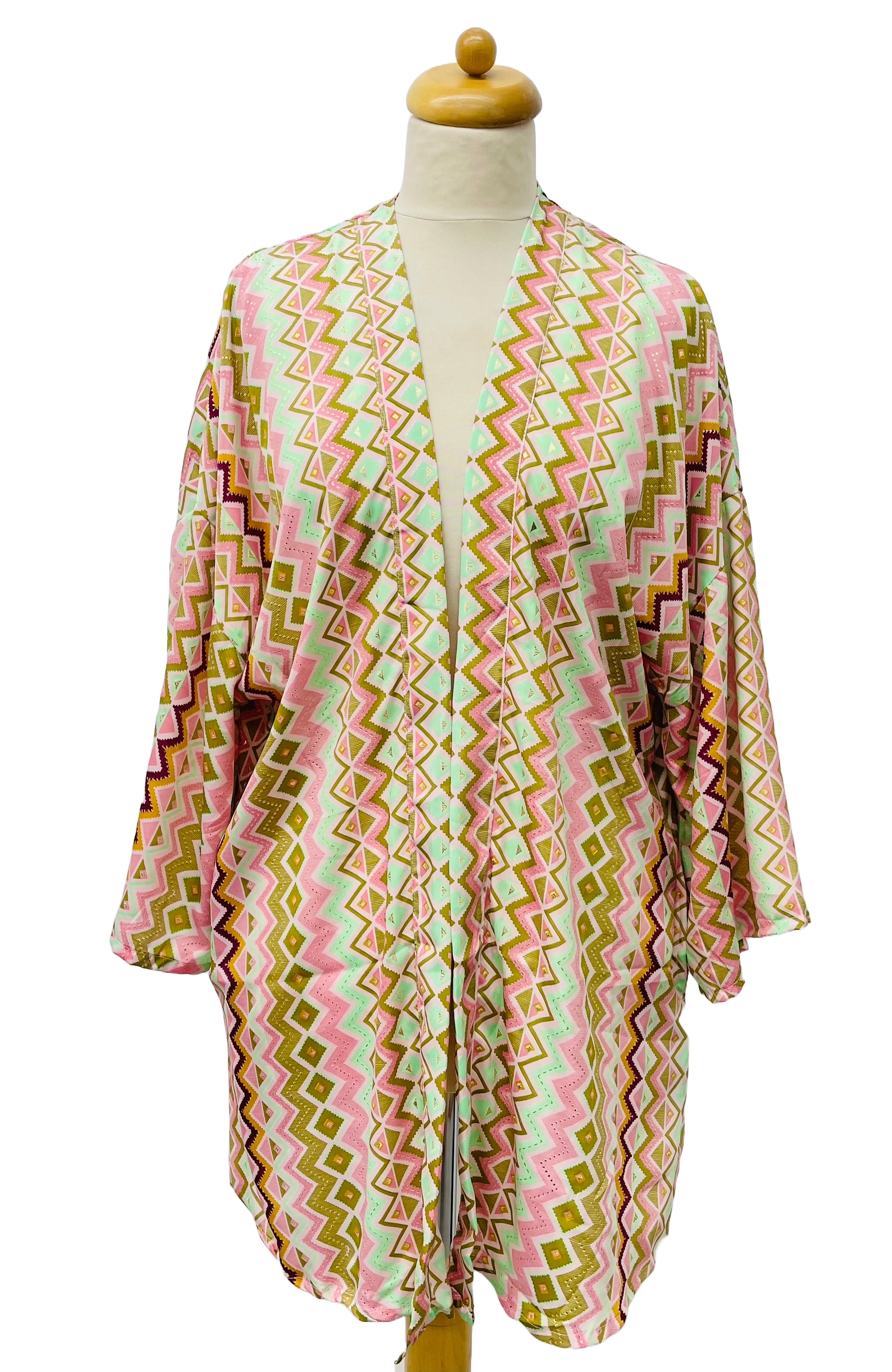  PINK KHAKI  Short Cold Silk Kimono with Zigzag Print for wholesale on Faire4